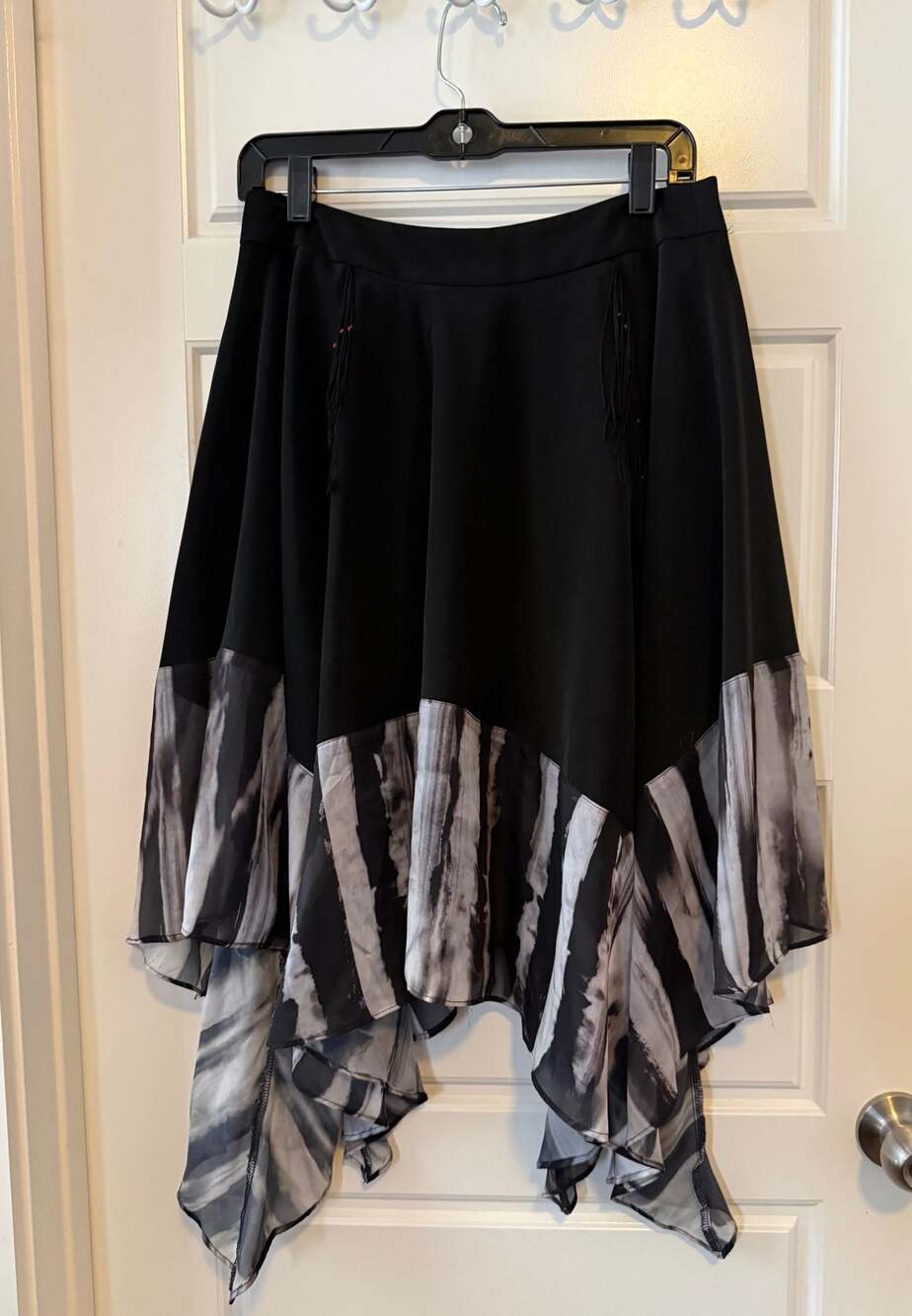Aporia.AS Black Asymmetric Handkerchief Hem Skirt Tie Dye Fringe Tassel M
